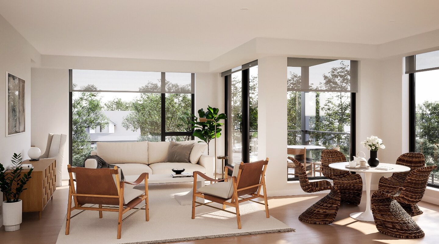 an apartment living room and dining area