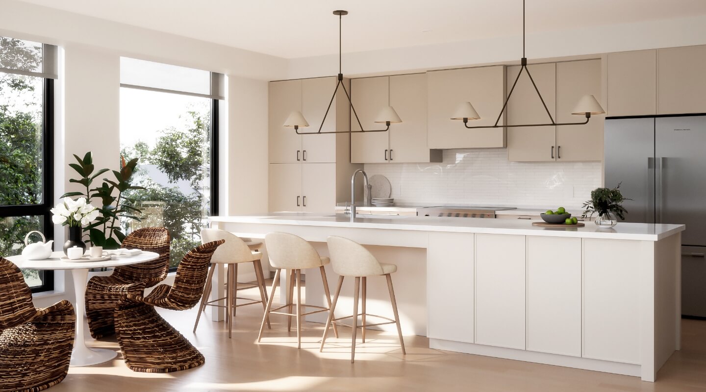 an apartment kitchen and dining area